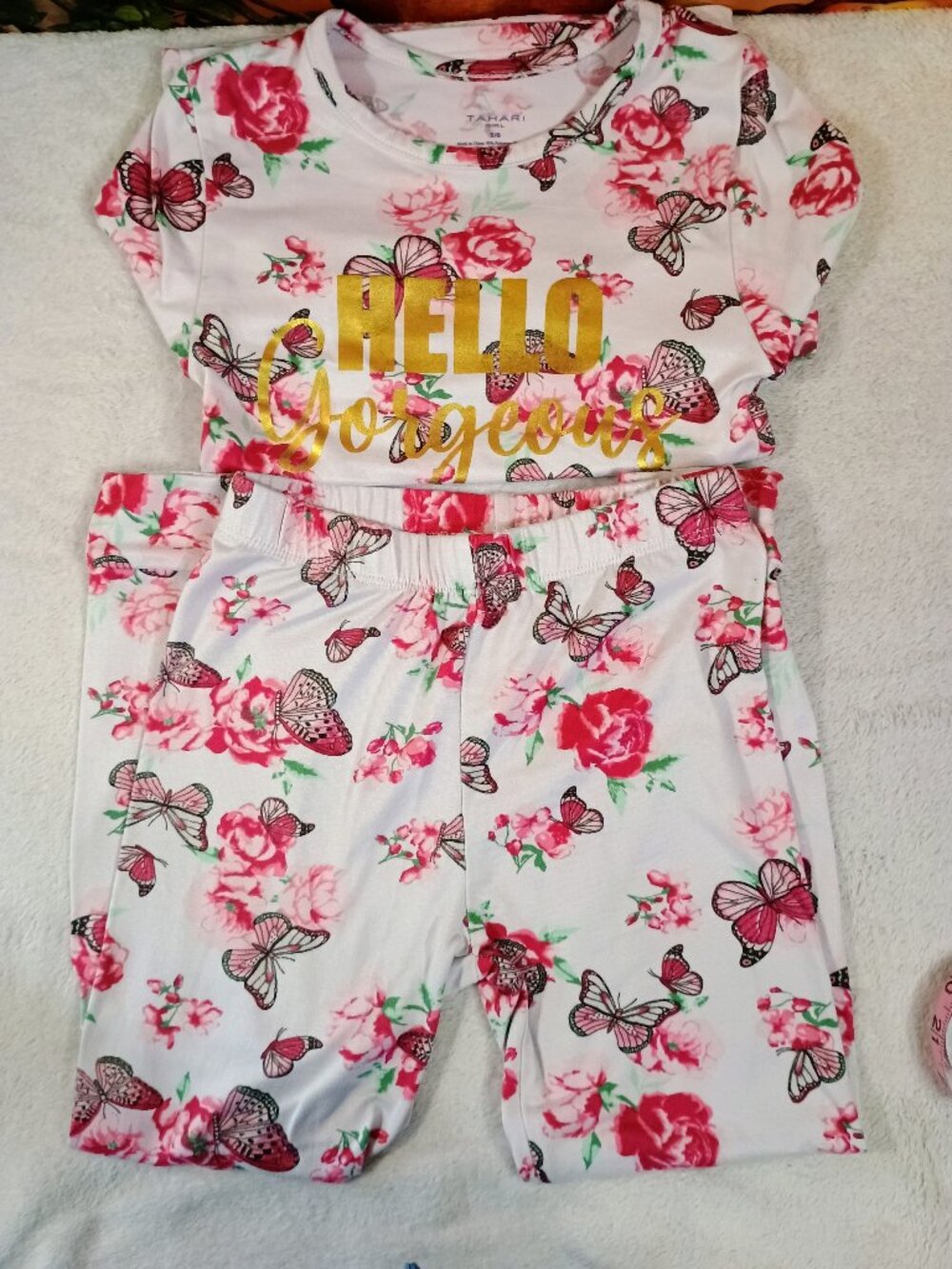 VGUC Girl Tahari Sz 5/6 White & Pink Floral Butterfly Hello Gorgeous Pajama Set